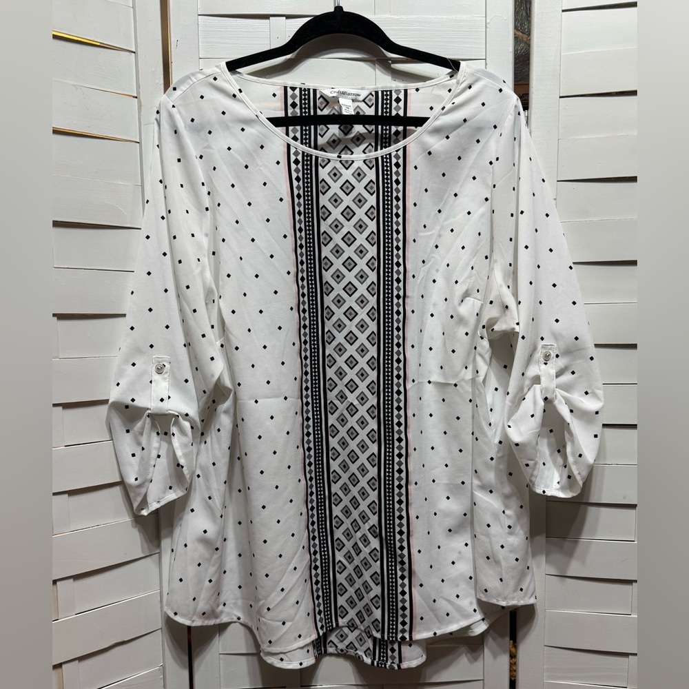 Croft & Barrow White Blouse with Black Geometric Design